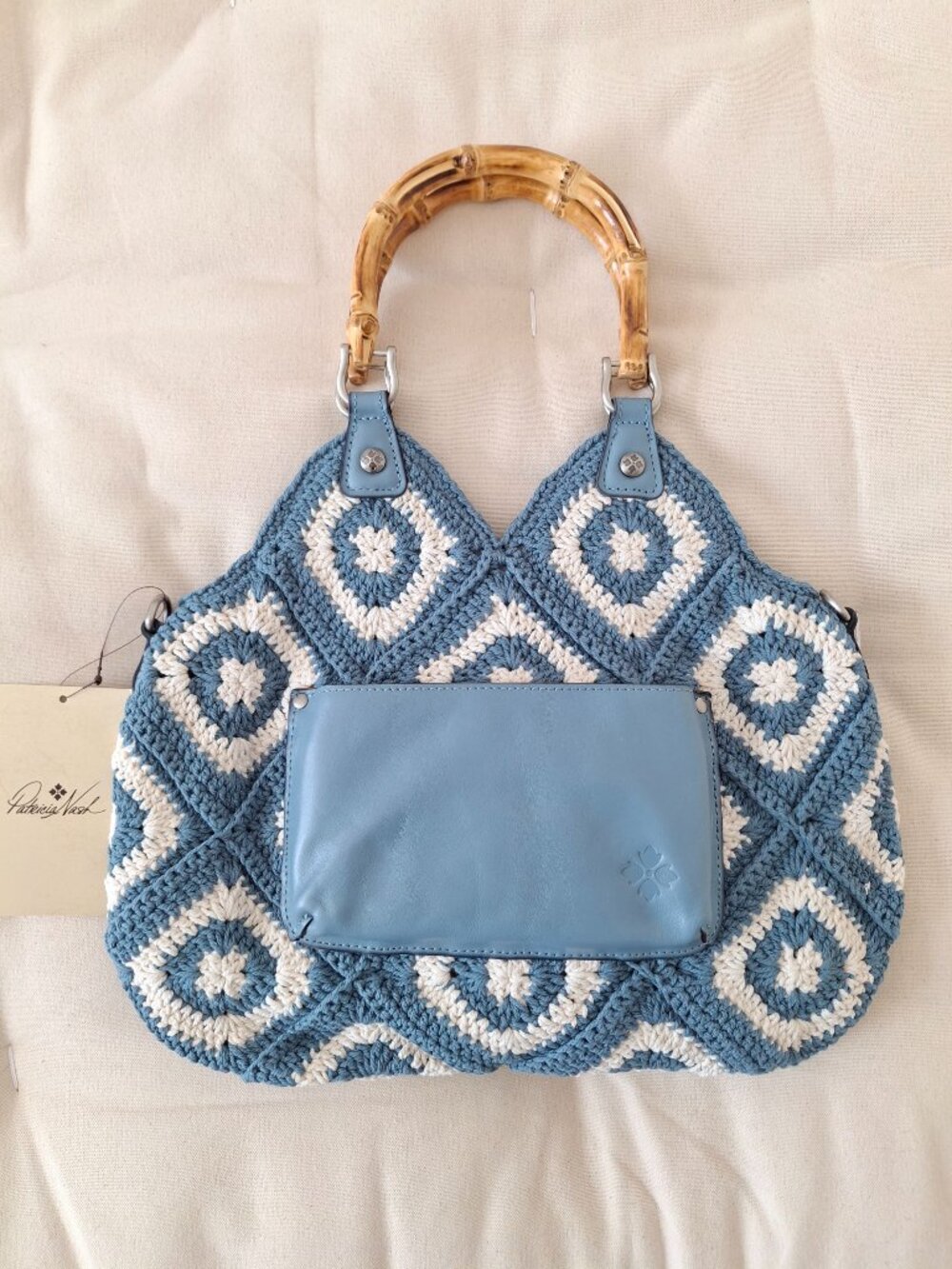 (New) Patricia Nash – Delphi Cotton Crochet & Leather Tote Crossbody (Blue Fog) - Picture 3 of 12